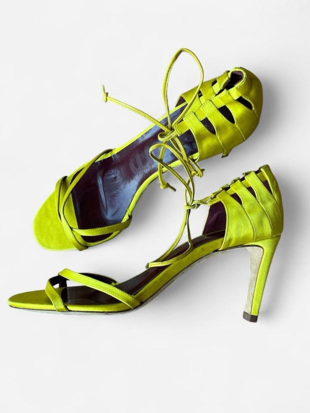 STAUD Neon yellow silk strappy heels